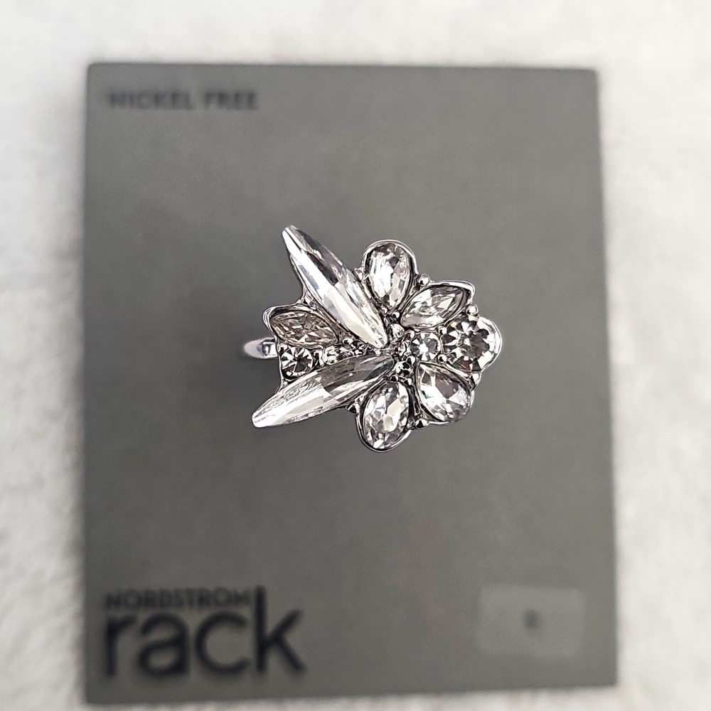 NWT Nordstrom Rack Art Deco Crystal Cocktail Ring Clear Rhodium Size 8